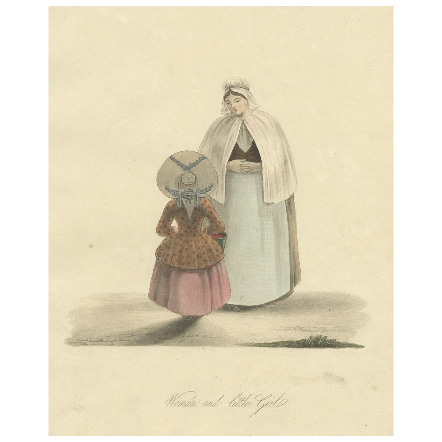 Antiker Druck einer Frau und eines kleinen Mädchens in traditionellem niederländischem Kostüm, 1817