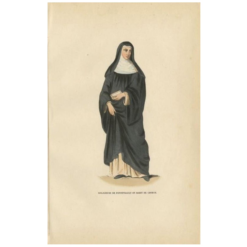 Antique Hand-Colored Print of a Nun of Fontevraud, 1845 For Sale
