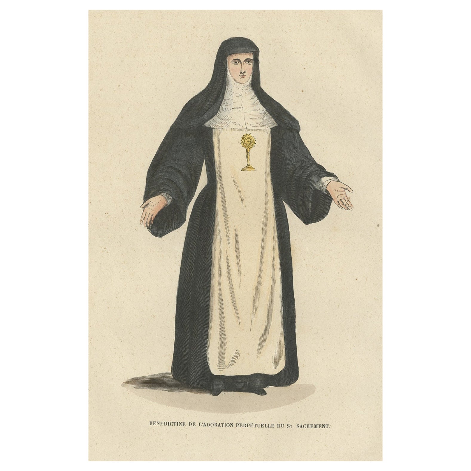 Antique Print of a Nun of the Benedictine Order, 1845 For Sale