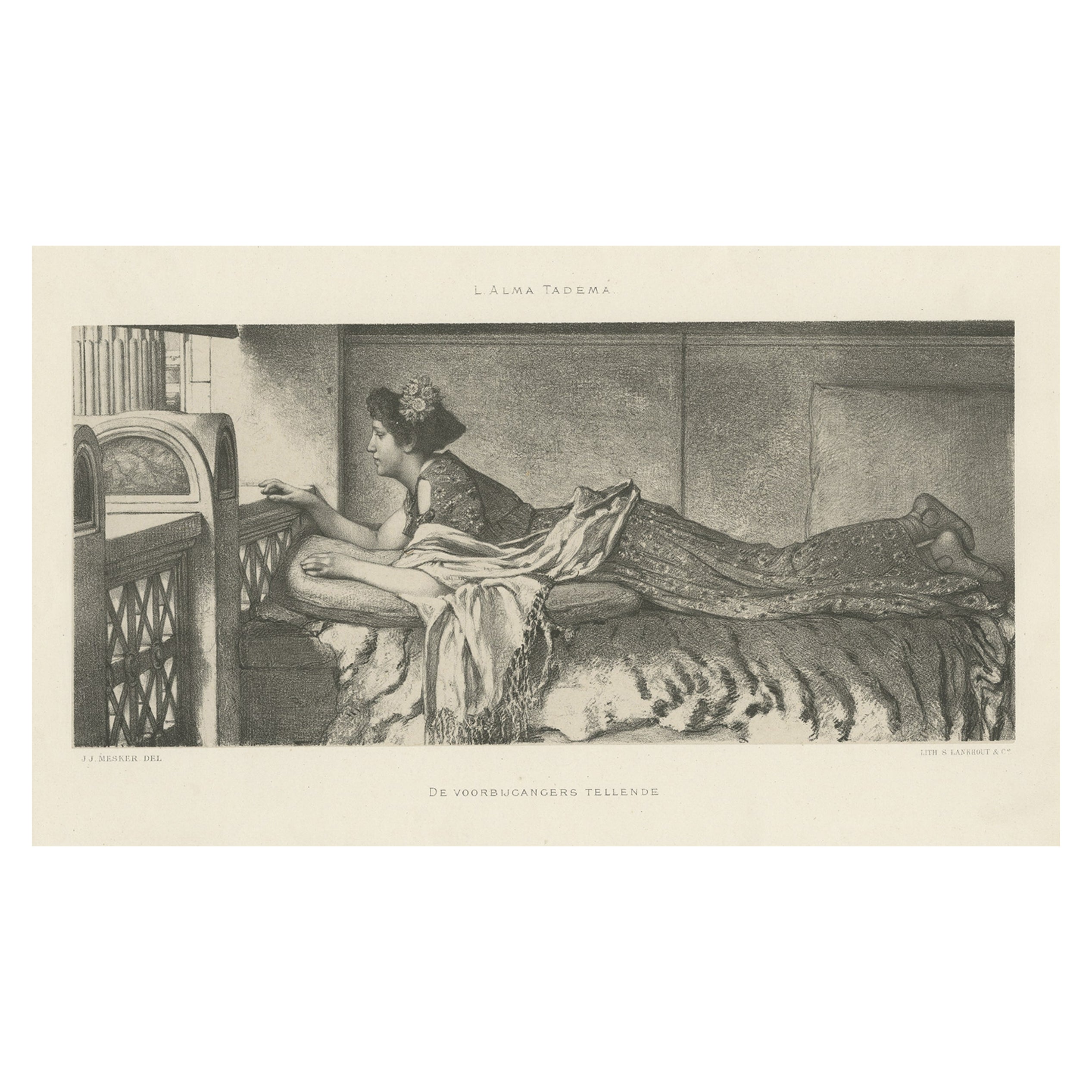 Antique Print of a Woman Counting Passerby's after a work of Alma Tadema, c.1890 For Sale
