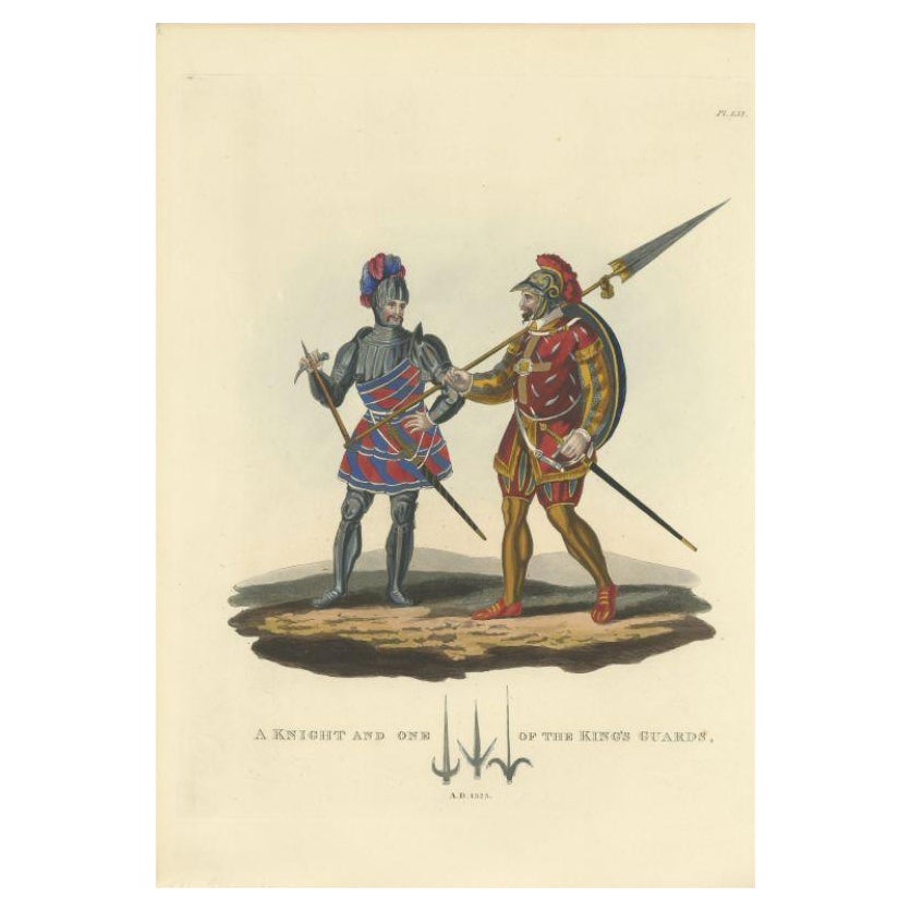 Impression ancienne d'un chevalier et d'une garde, 1842