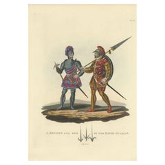 Antiker Druck eines Ritters und eines Gardisten, 1842