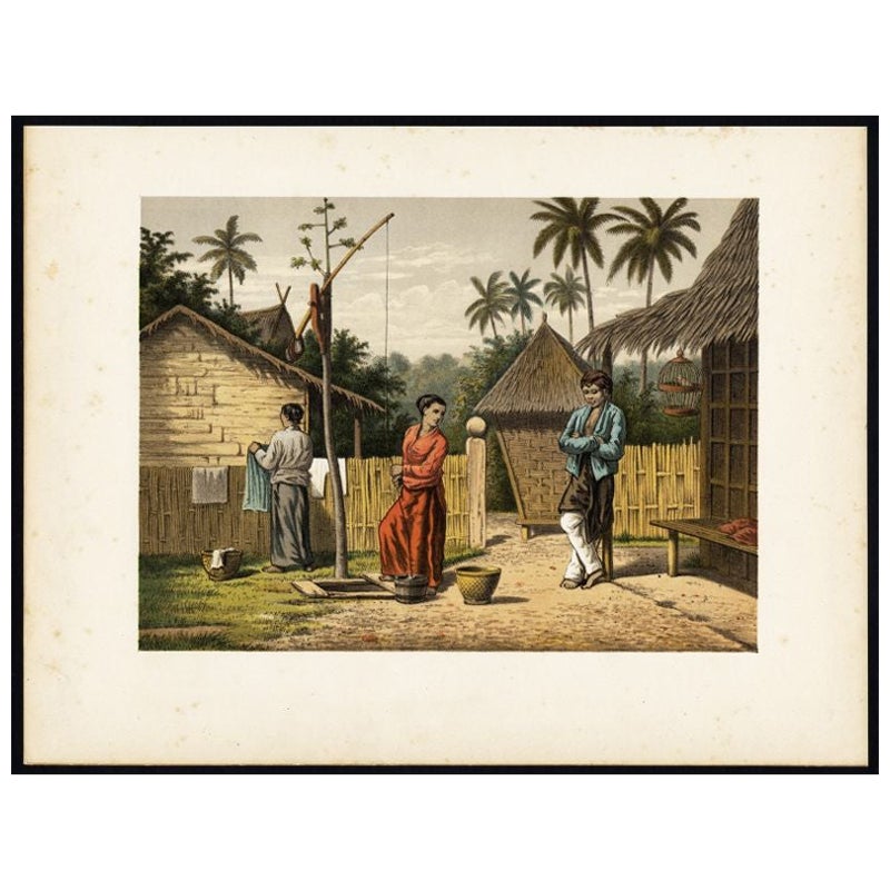 Antique Print of a Domestic Scene in a Kampung on Java, Indonesia, 1888 For Sale