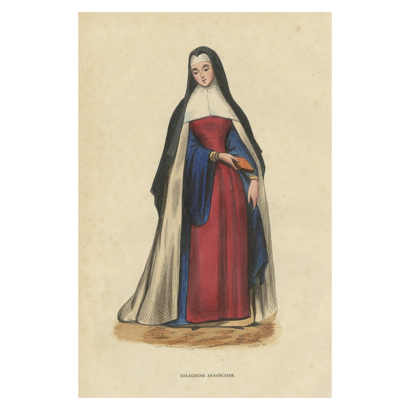 Antique Print of a Nun of Order of Annunciation of the Virgin Mary, 1845 For Sale