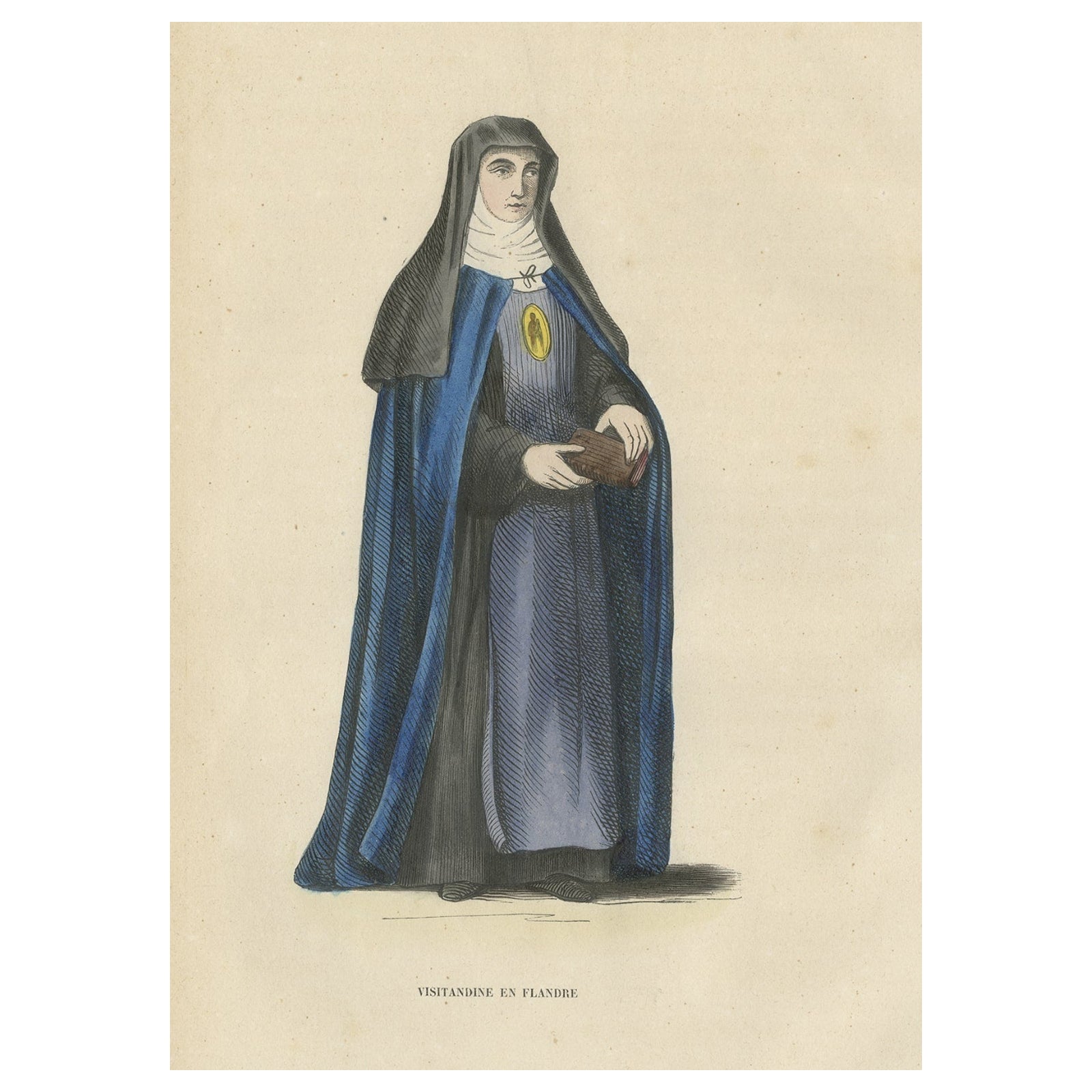 Antique Print of a Nun of Order of Visitation of Holy Mary in Flandres, Belgium For Sale