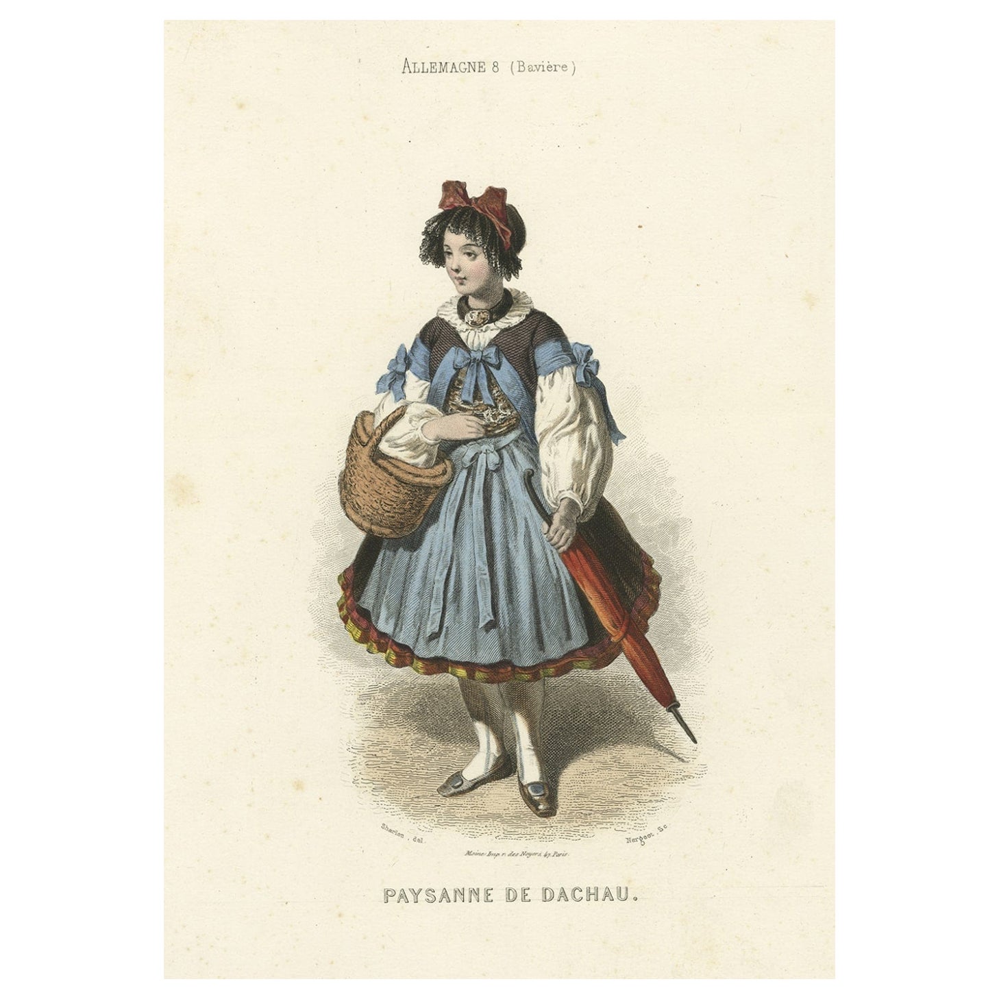 Antique Print of a Peasant Woman from Dachau Near München in Germany, 1850 For Sale