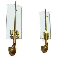 Italian Mid-Century Modern Cast Brass and Crystal Pair of Appliques, 1960s