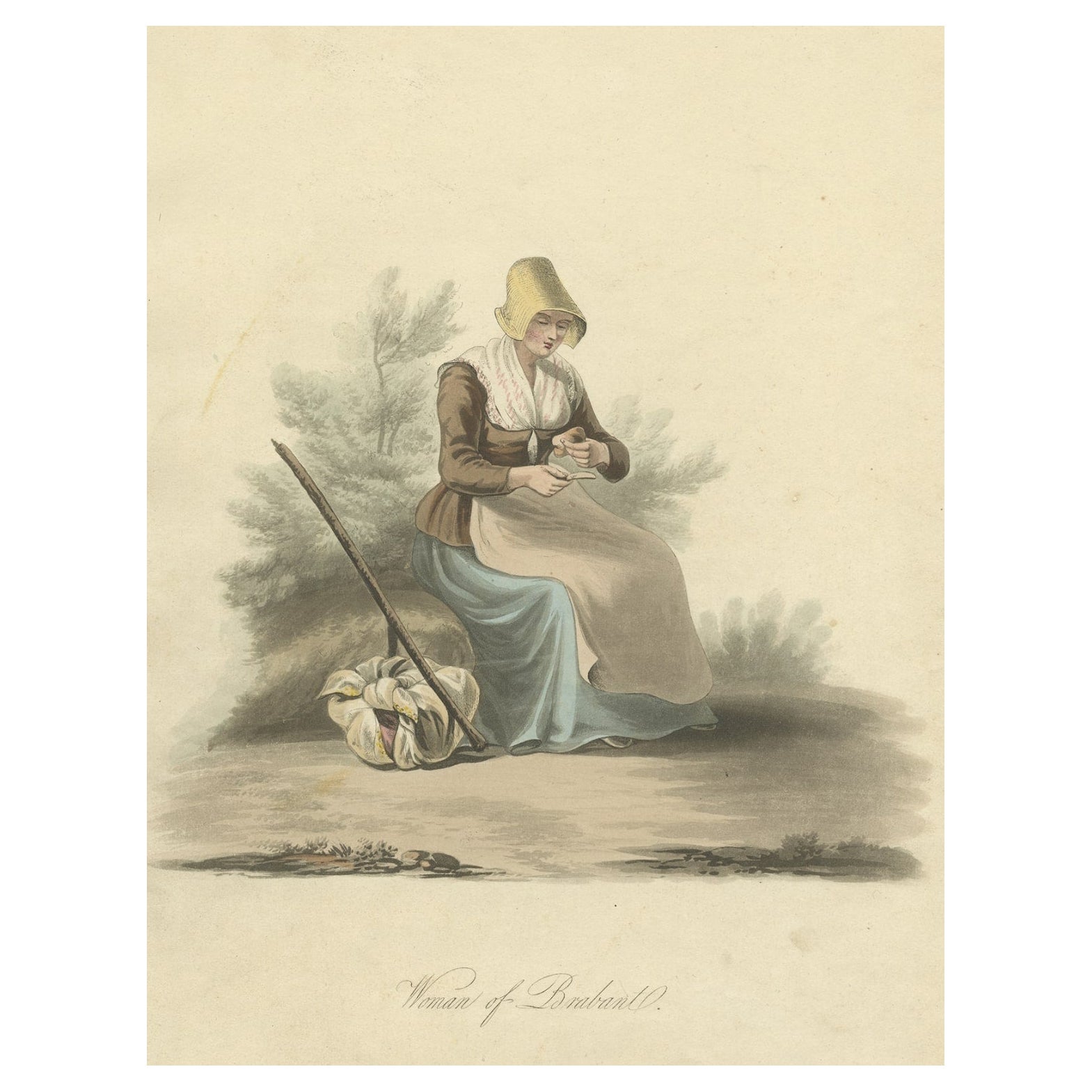 Gravure ancienne colorée à la main d'une femme de Brabant, Pays-Bas, 1817