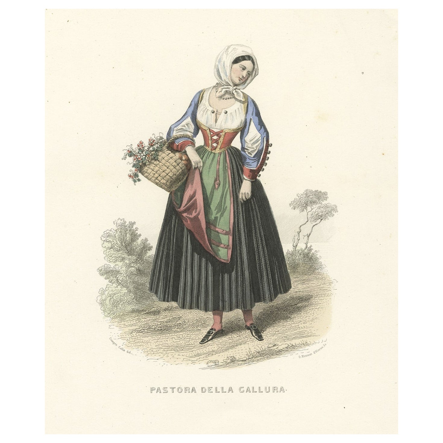 Antique Print of a Lady from Gallura in Sardinia, Italy, 1850