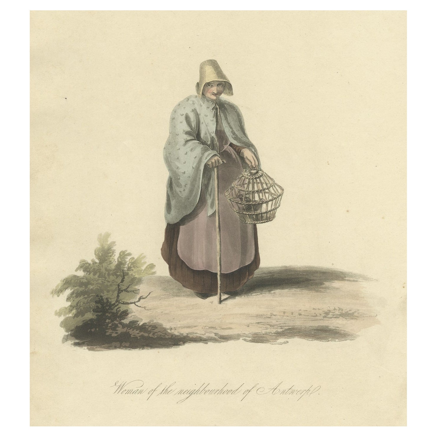 ancienne gravure colorée à la main d'une femme d'Anvers, Belgique, 1817