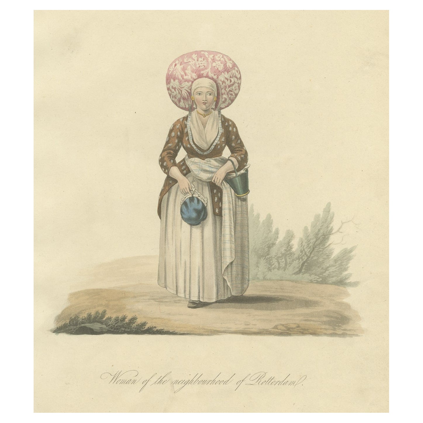 Gravure ancienne colorée à la main d'une femme du voisinage de Rotterdam, 1817