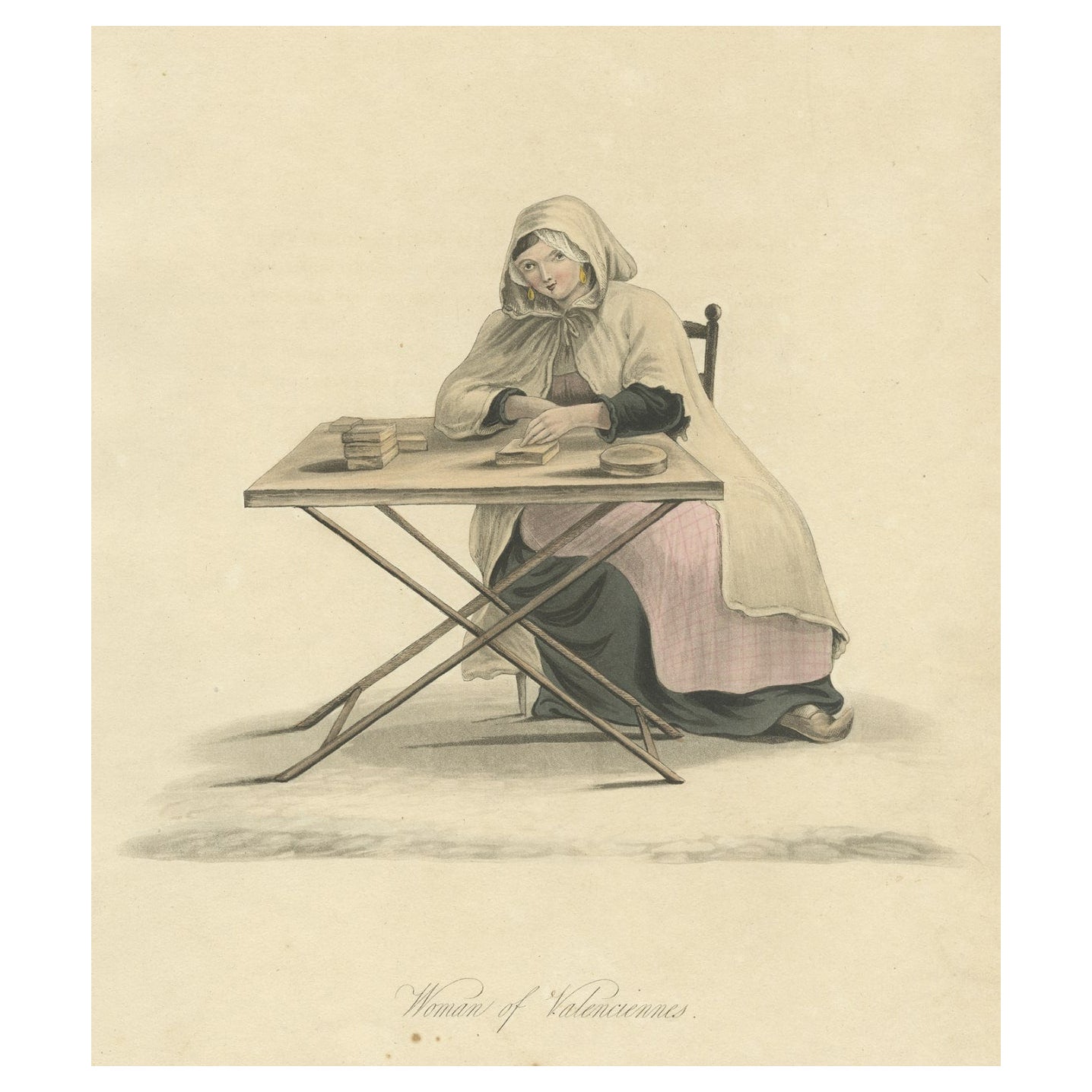 Antique Print of a Fortune Teller Woman of Valenciennes, France, 1817 For Sale