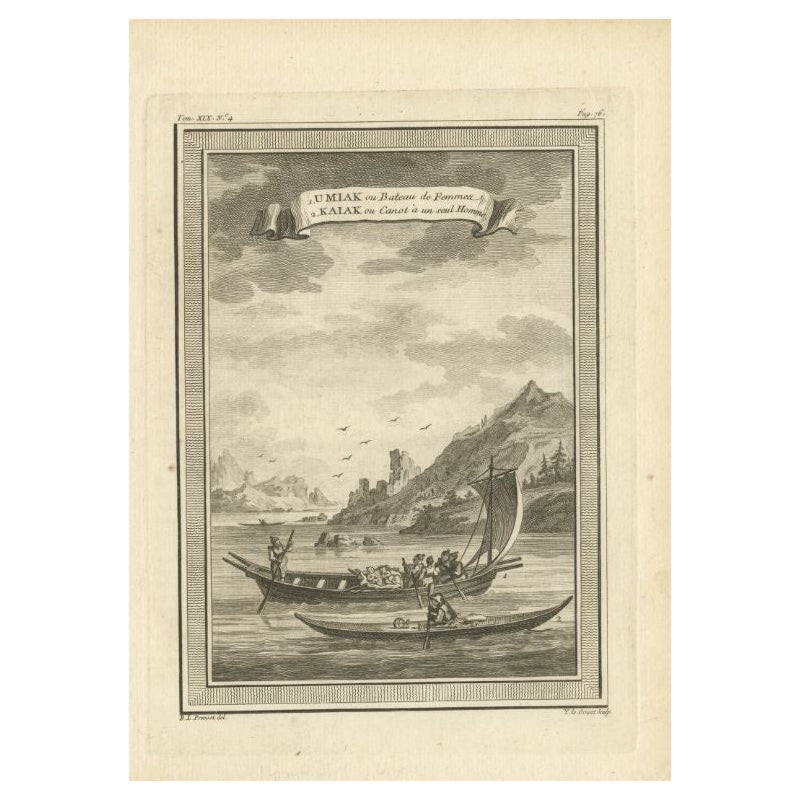 Antique Print of a Woman's Boat Know as Imiak and a Kayak for Men, 1770 For Sale
