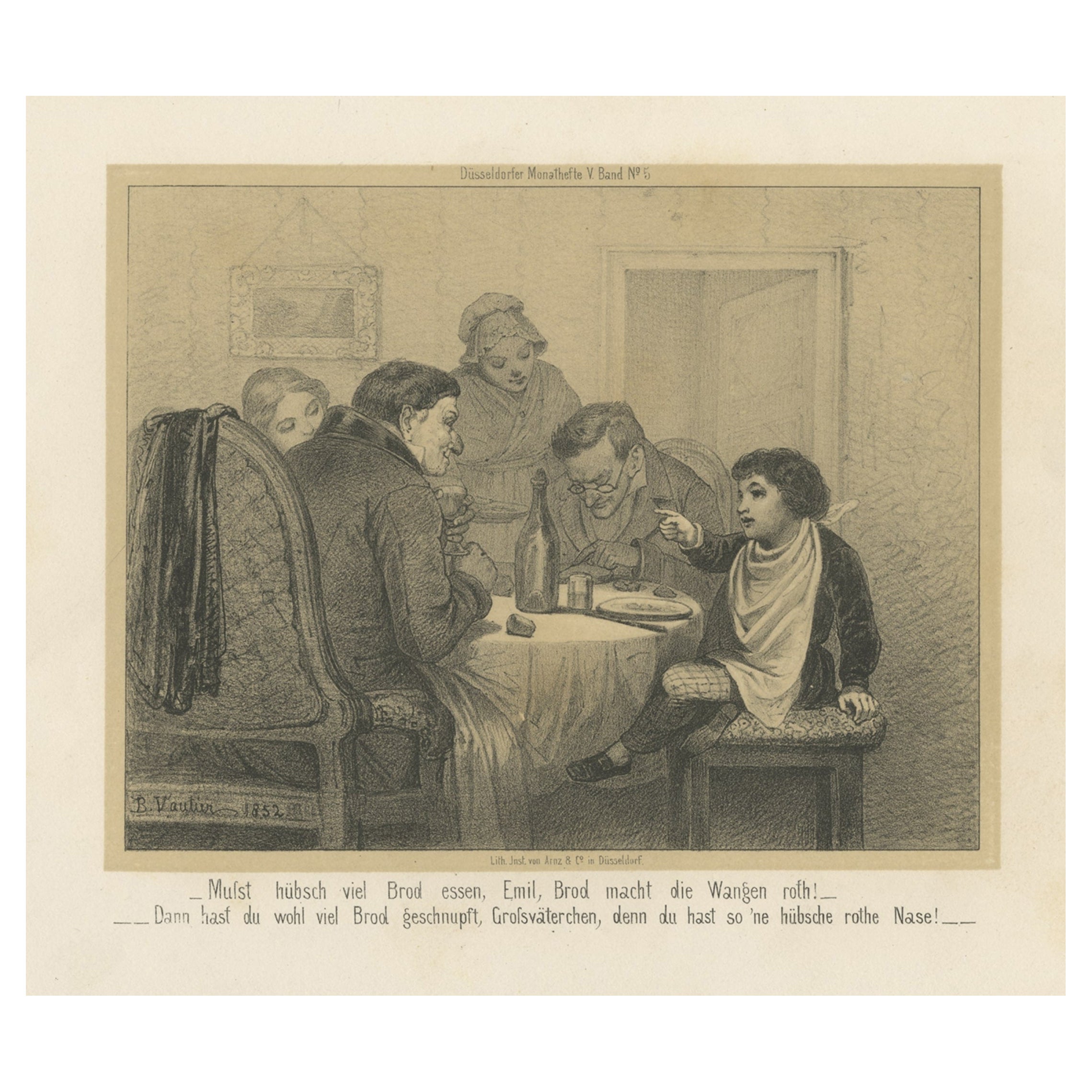 Antique Print of a German Family Having Dinner, C.1860