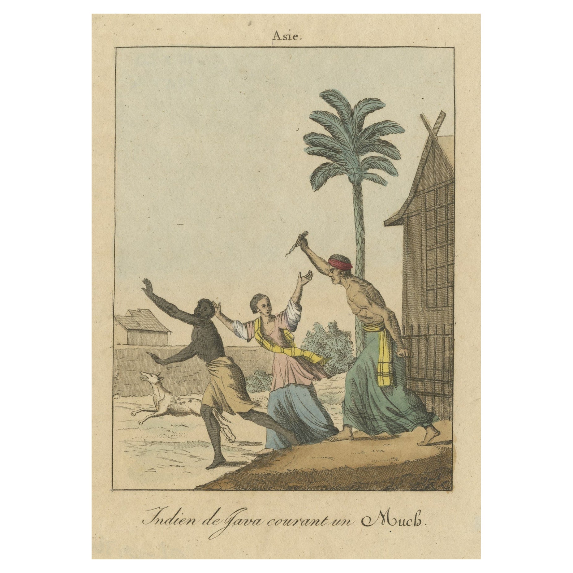 Antique Print of a Domestic Scene on Java, Indonesia, c.1840 For Sale