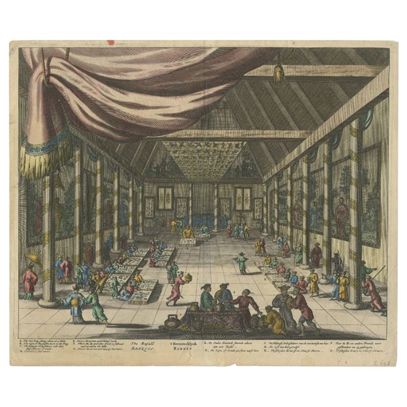 1670 Royal Banquet for Dutch Embassy in China - Antique Engraving by Dapper For Sale