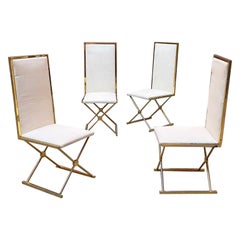 Italian Post Modern Set of Four Brass and White Fabric Chairs, 1980s