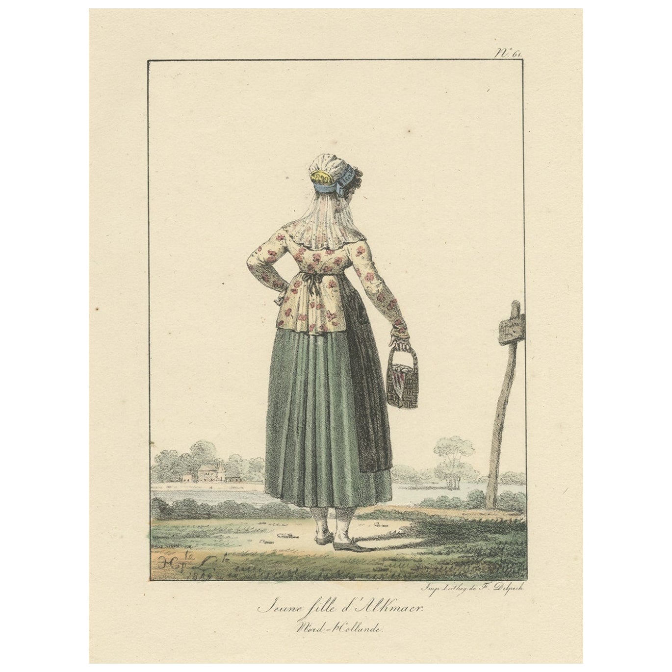 Antique Print of a Young Dutch Girl from Alkmaar, The Netherlands, 1819 For Sale