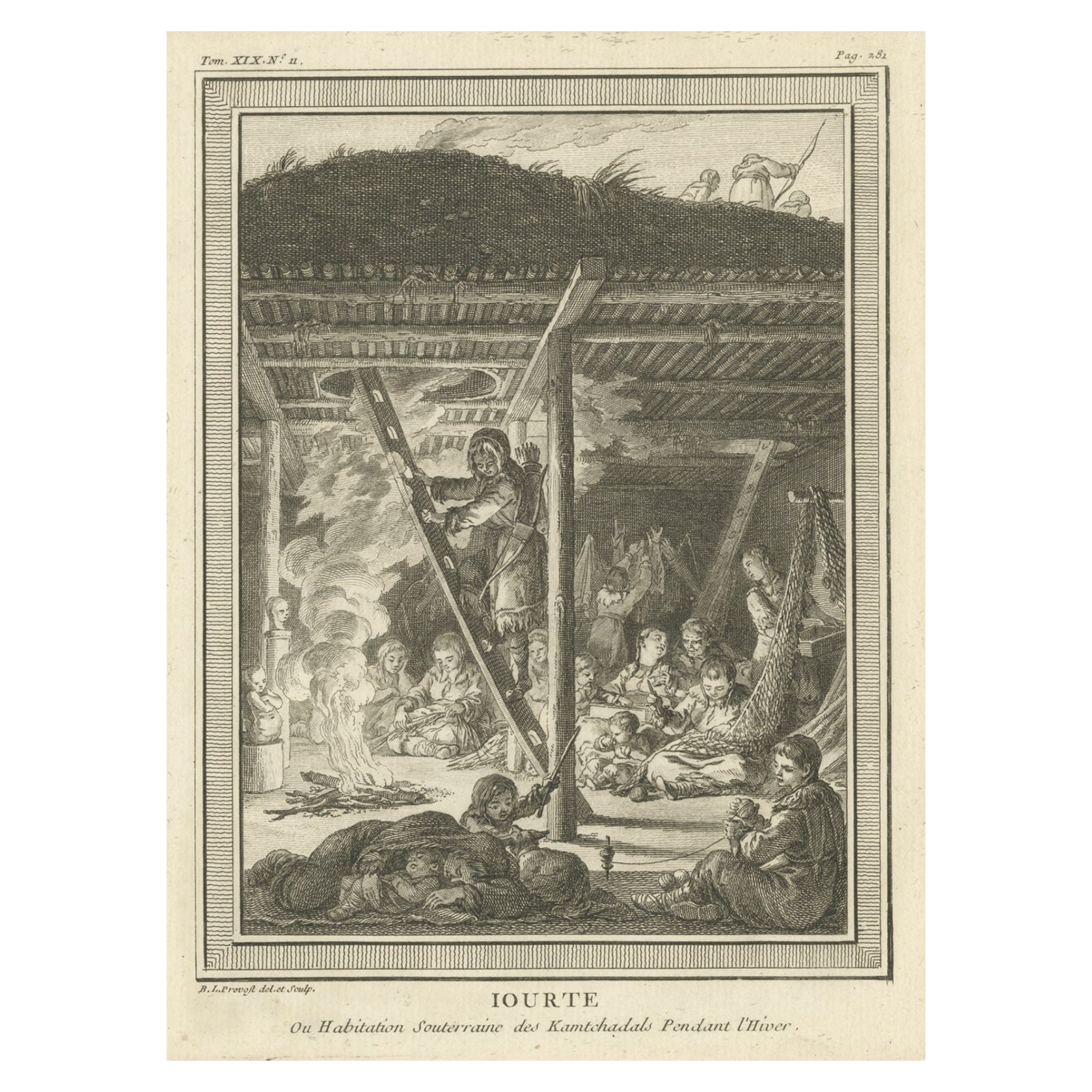 Antiker Druck eines Yurts mit Eingeborenen aus Kamchatka, Russland, 1770 im Angebot