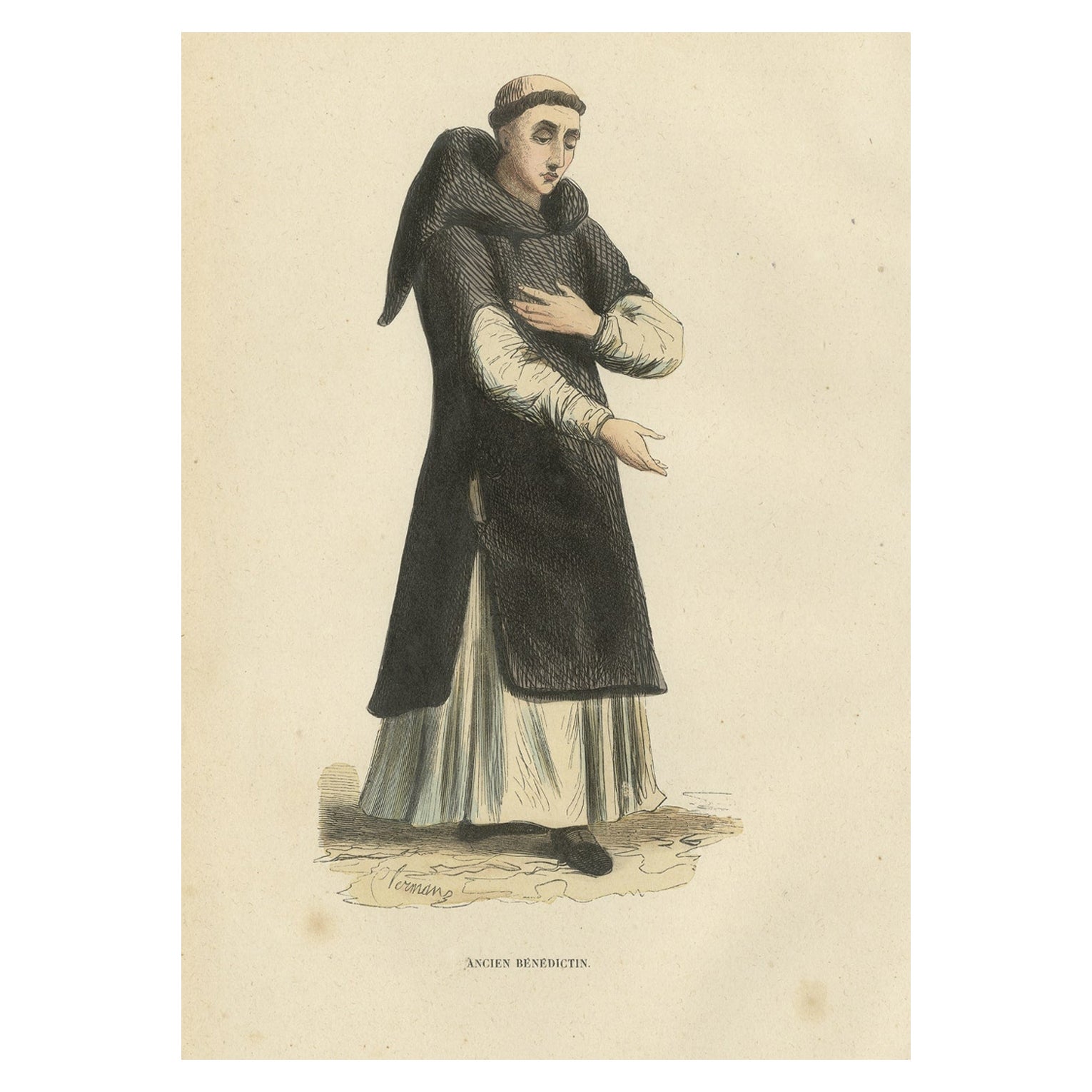 Antique Print of a Benedictine Monk, 1845 For Sale