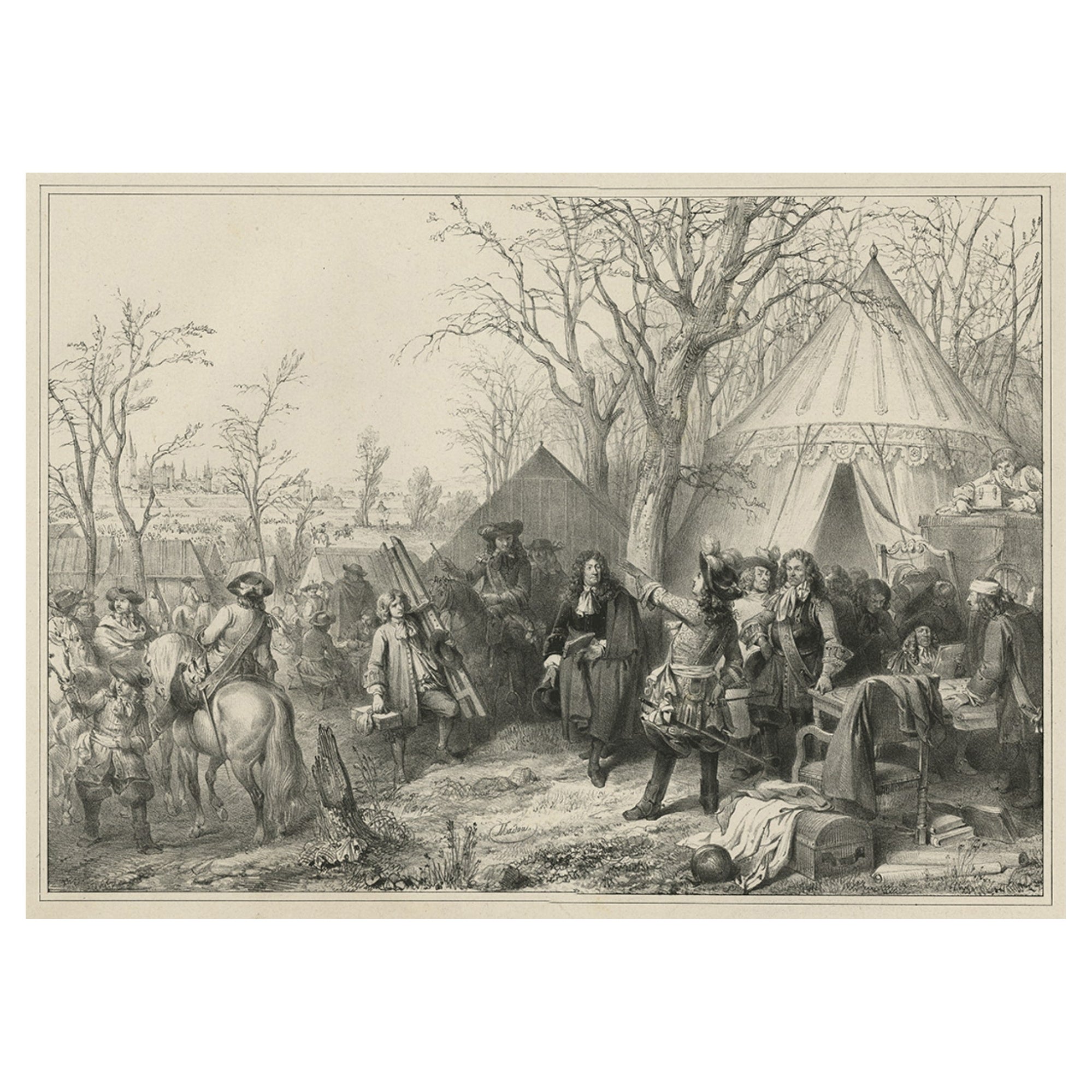Antique Print of A. Vandermeulen at the Siege of Valenciennes by Madou, 1842 For Sale