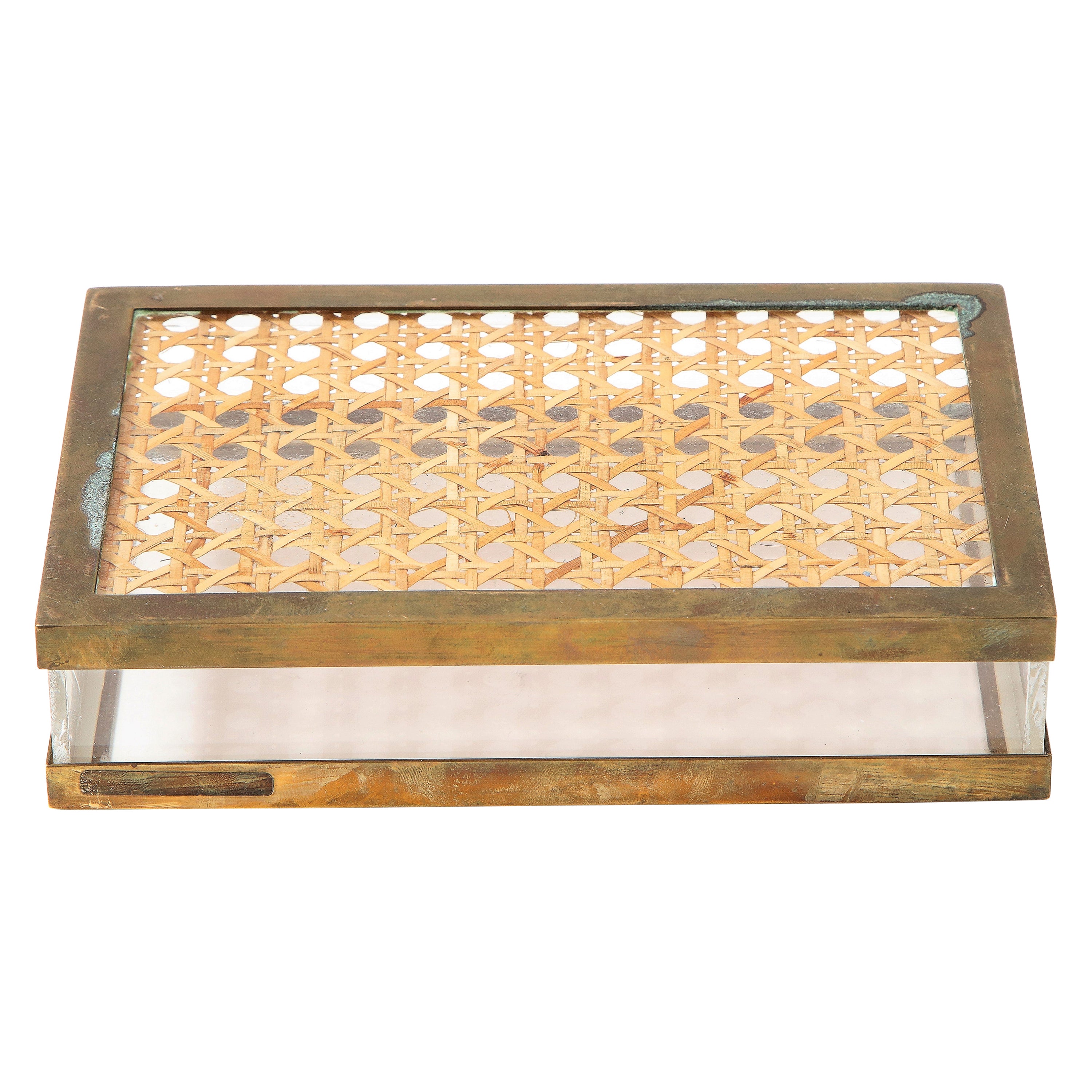 Lucite, Cane and Brass Box in the Style of Christian Dior, Italy, 1970's For Sale
