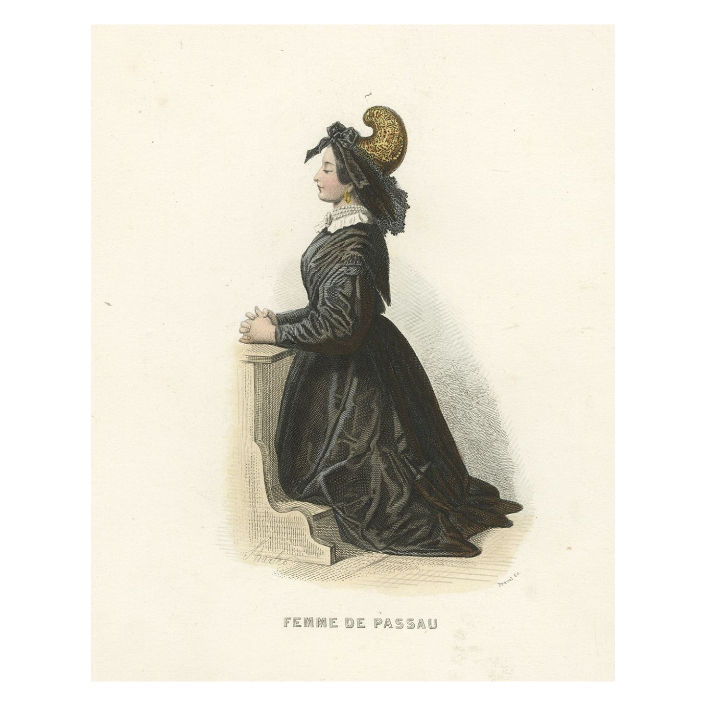 Antique Print of a Lady from Passau, City in Lower Bavaria, Germany, 1850 For Sale