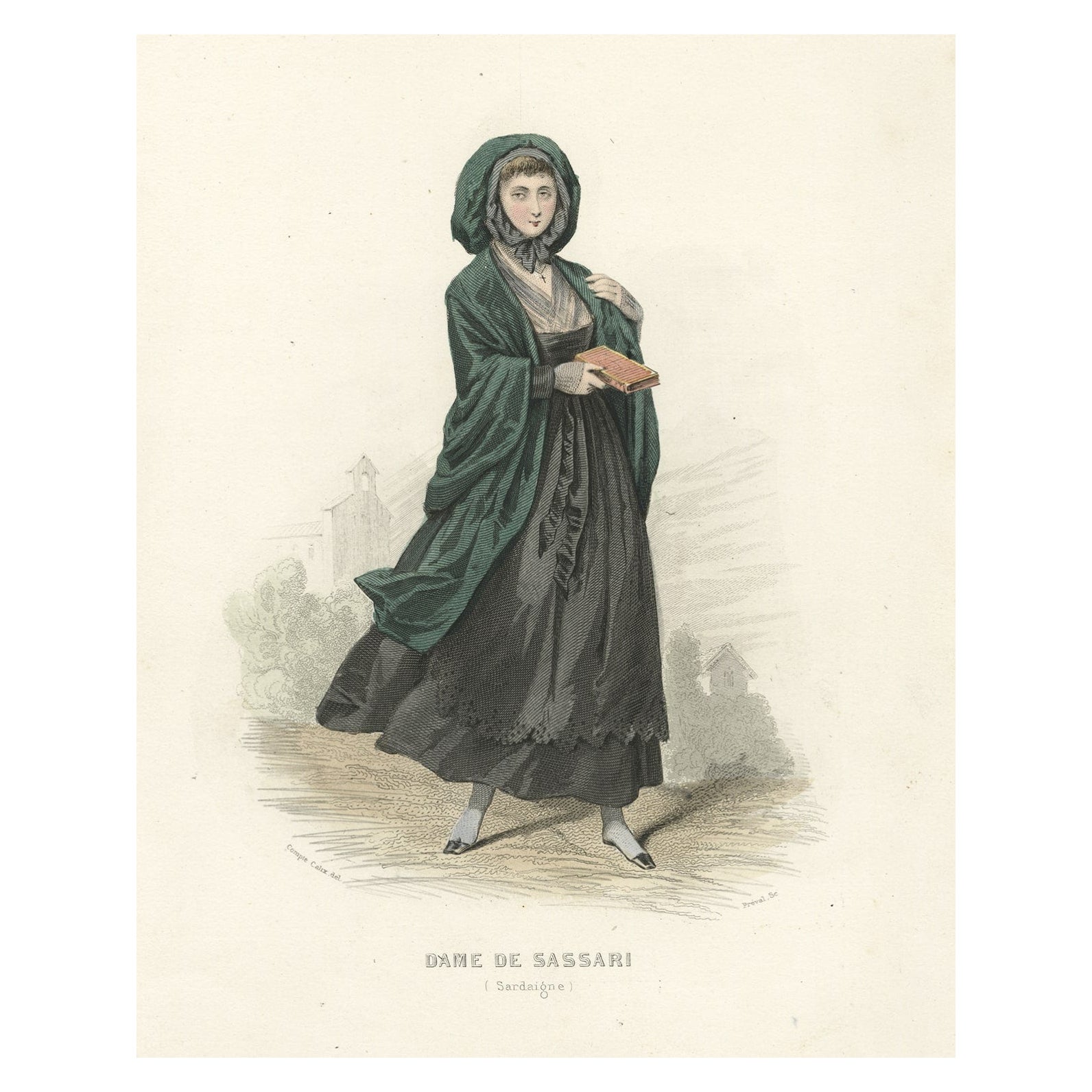 Antique Print of a Lady from Sassari 'Sardinia' in Italy, 1850 For Sale