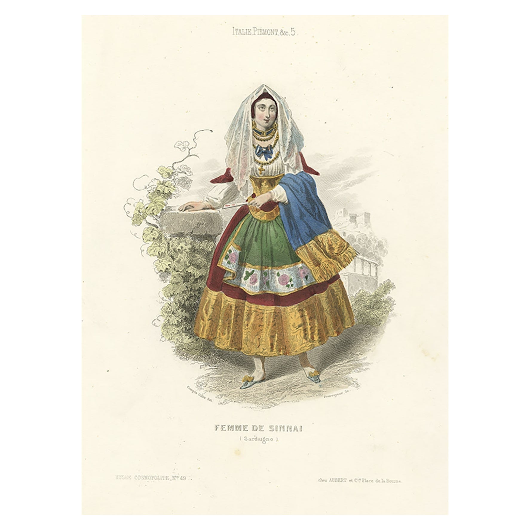 Antiker Druck einer Dame aus Sinnai, Sardinien, „region Sardinien“, Italien, 1850