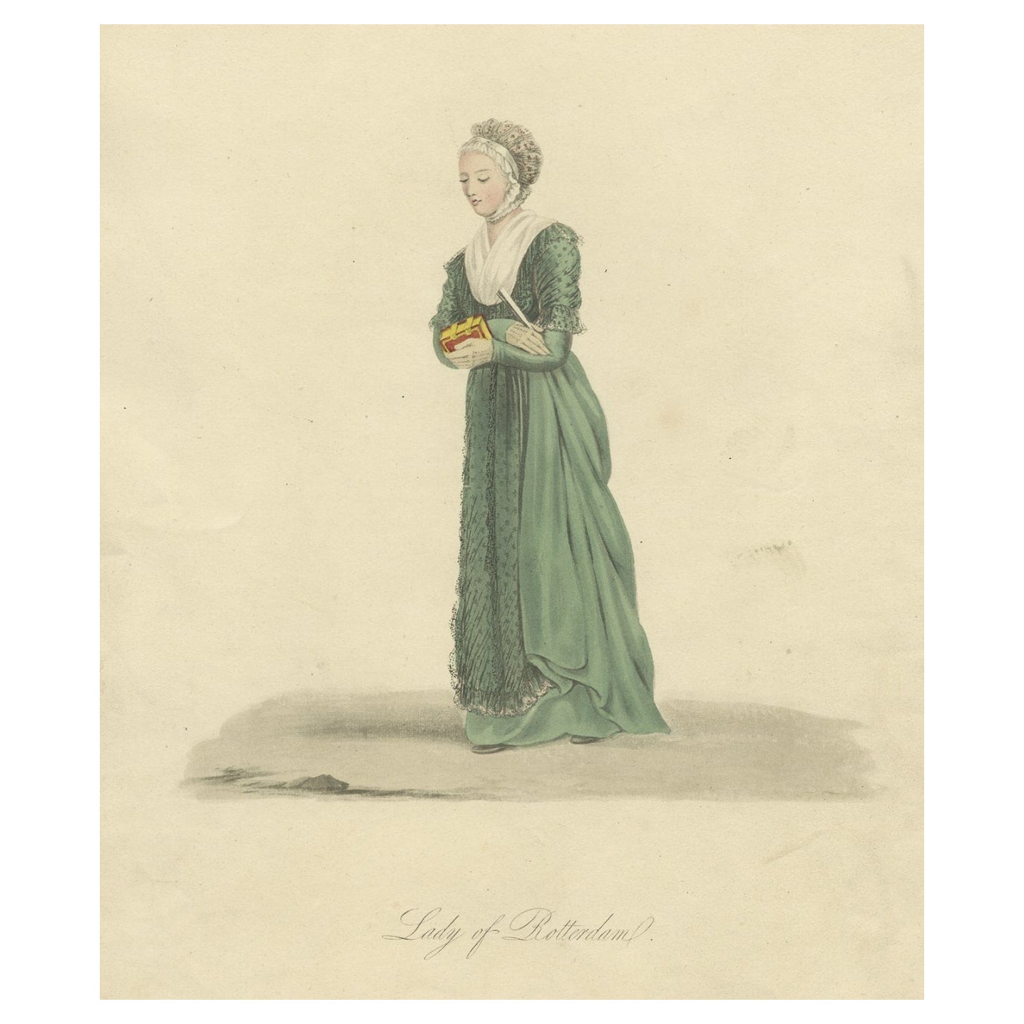 Gravure ancienne colorée à la main d'une dame de Rotterdam aux Pays-Bas, 1817 en vente