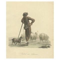 Antique Print of a Shepherd Boy with Sheep Near Valenciennes, 1817