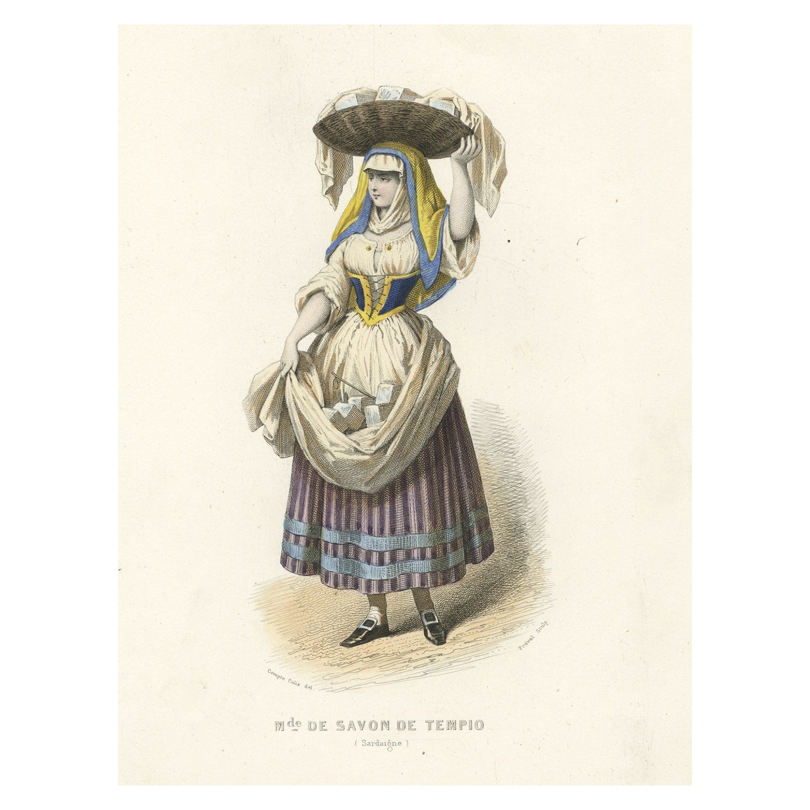 Antique Print of a Lady Selling Soap in Tempio, Sardinia, Italy, 1850