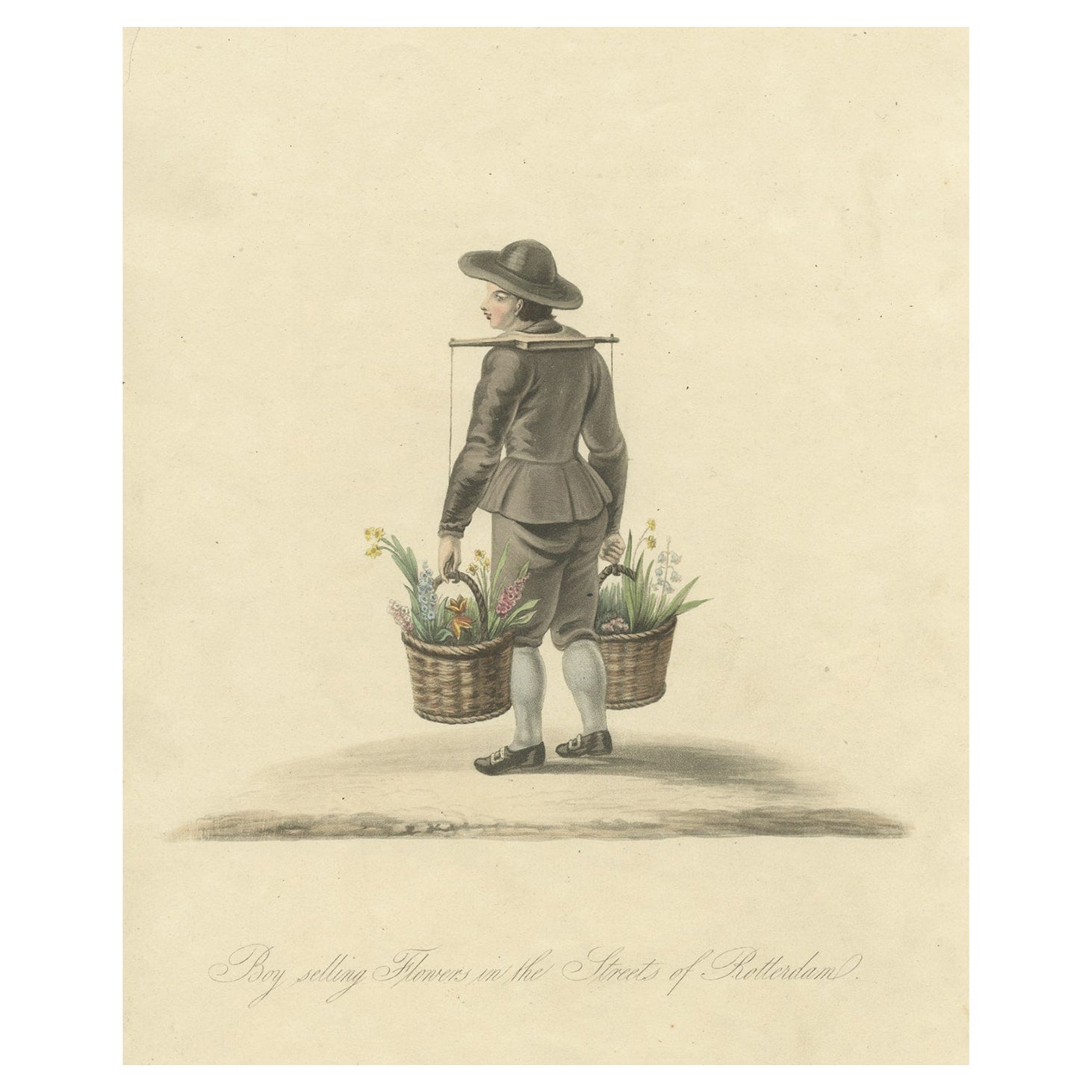 Antiker handkolorierter Druck eines Jungen, der Blumen verkauft, Rotterdam, Holland, 1817