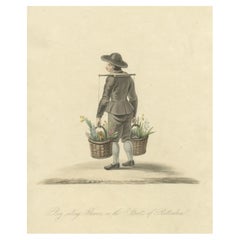 Impression ancienne colorée à la main d'un garçon vendant des fleurs à Rotterdam, Hollande, 1817