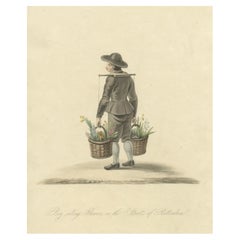 Antique Handcolored Print of a Boy Selling Flowers in Rotterdam, Holland, 1817