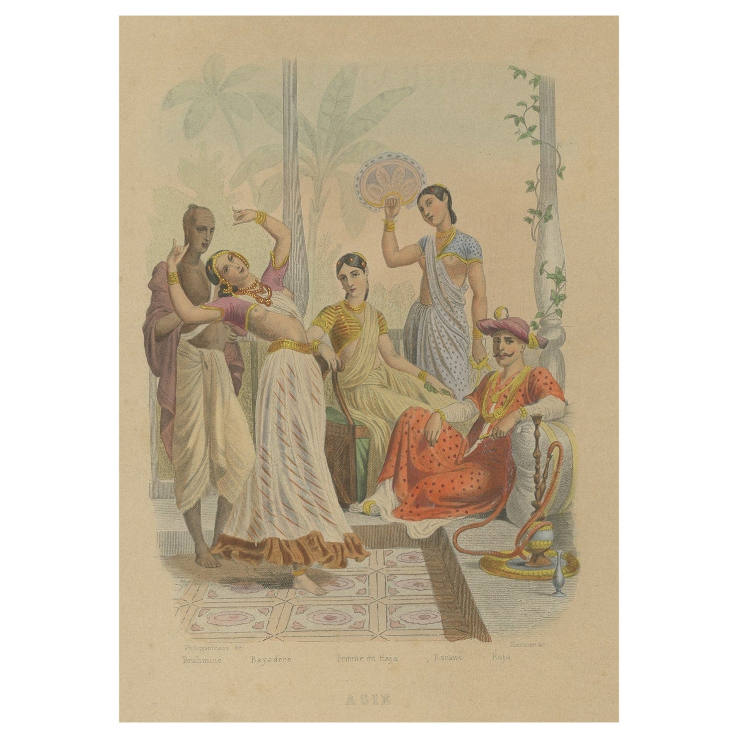 Antique Print of a Brahmin, Rajah, Slave and Other Figures of Asia, c.1870 For Sale