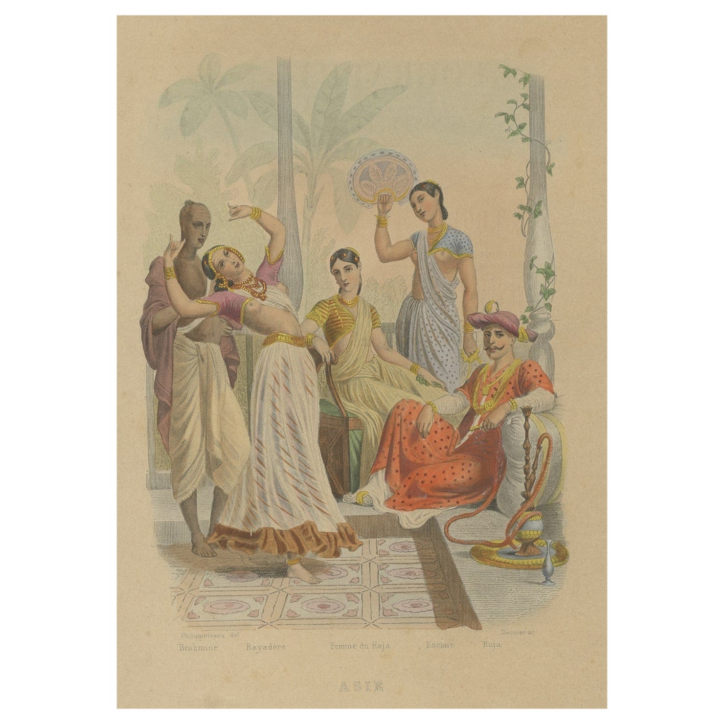 Grabado antiguo de un brahmán, un rajá, un esclavo y otras figuras de Asia, c.1870