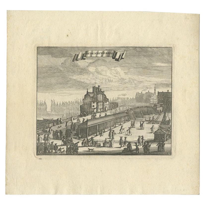 Antique Print of a Bridge in Amsterdam by Commelin, 1693 For Sale