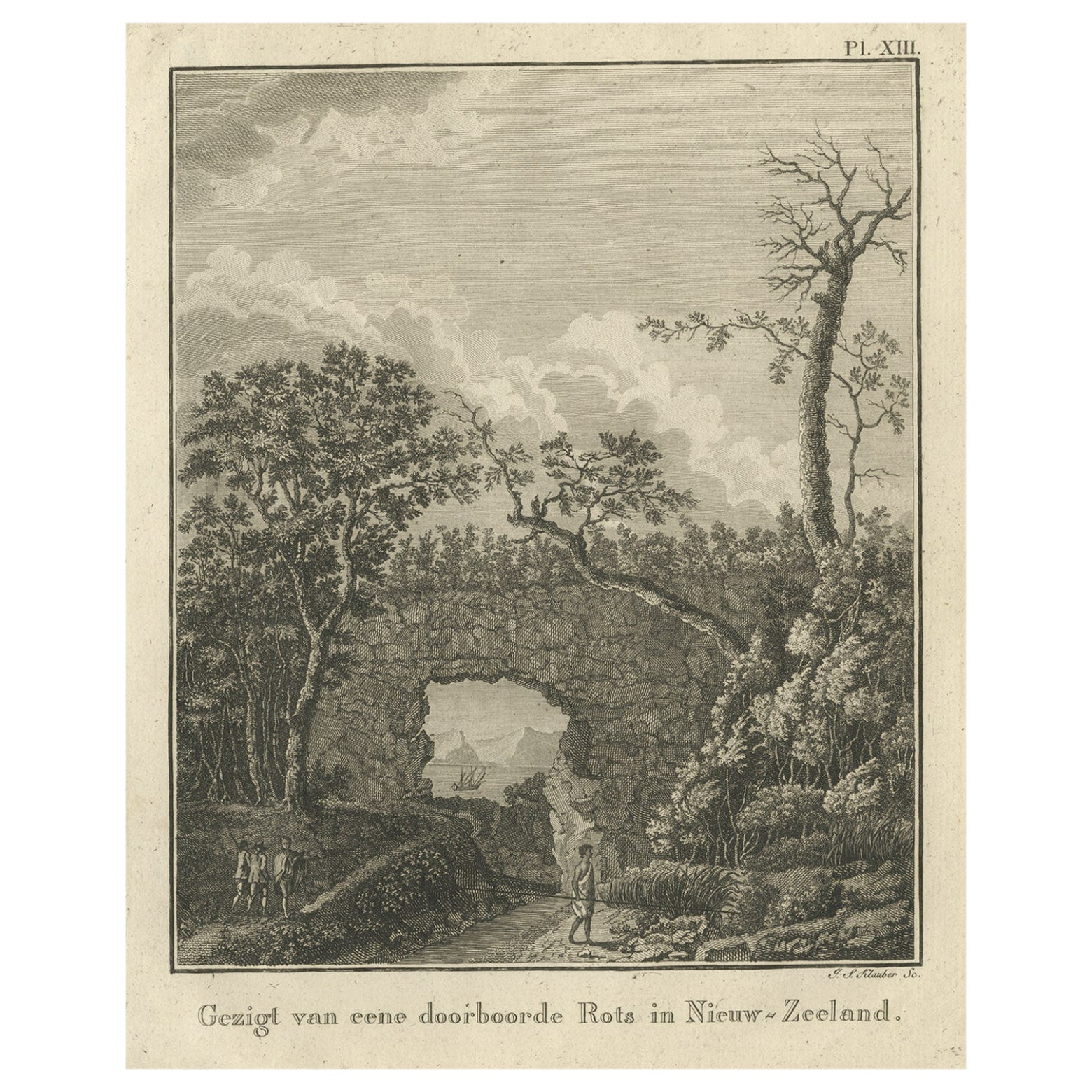 Antiker Druck einer Landschaft mit Felsformation in Neuseeland von Cook, 1803