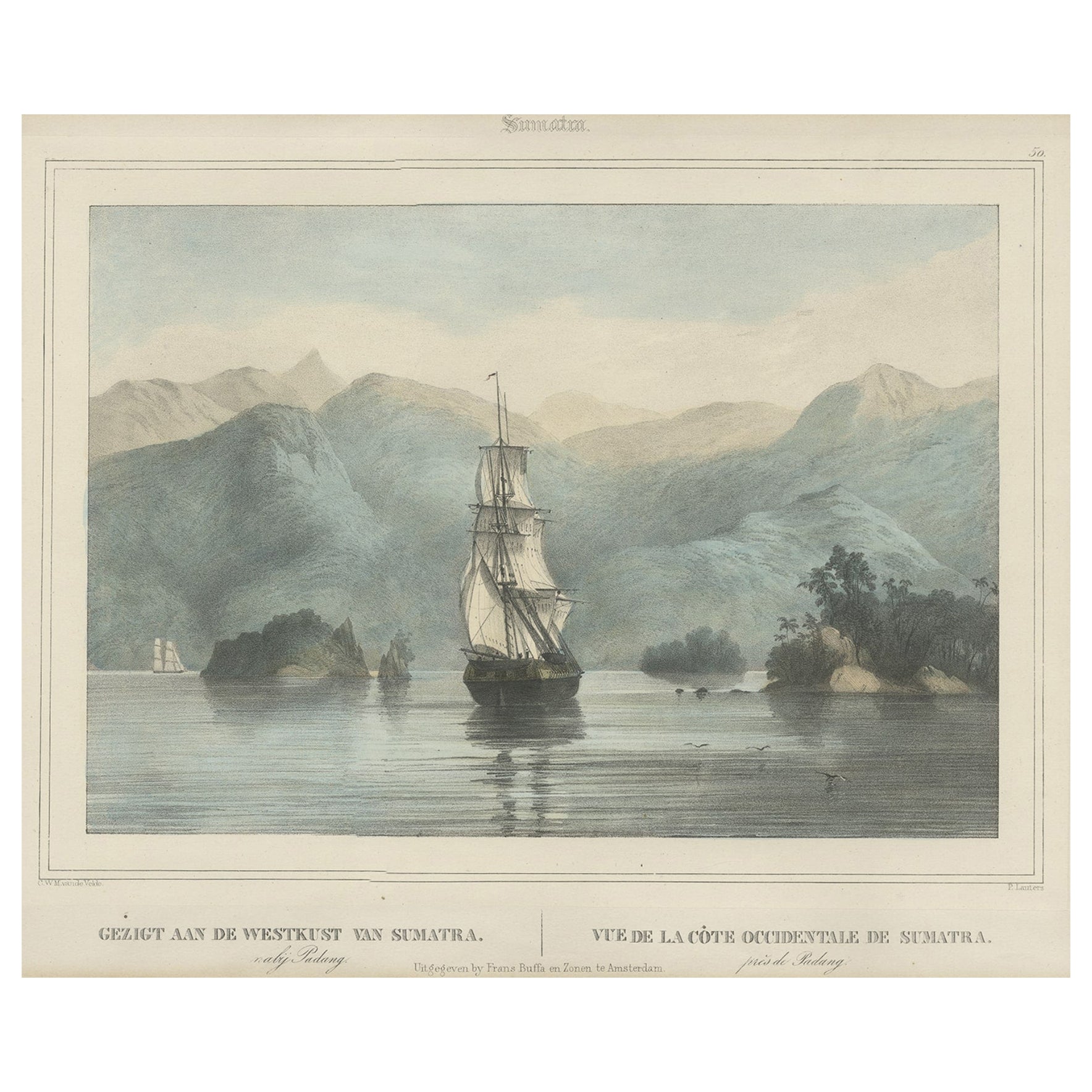 Impression ancienne d'un navire près de la côte de Sumatra, Indonésie, vers 1845