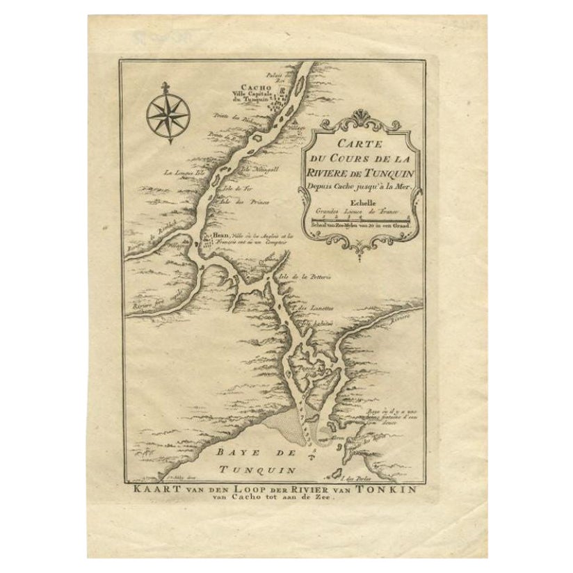 Antique Map of the Tunquin River and Bay to Cacho, the Capital City, Siam, 1758 For Sale