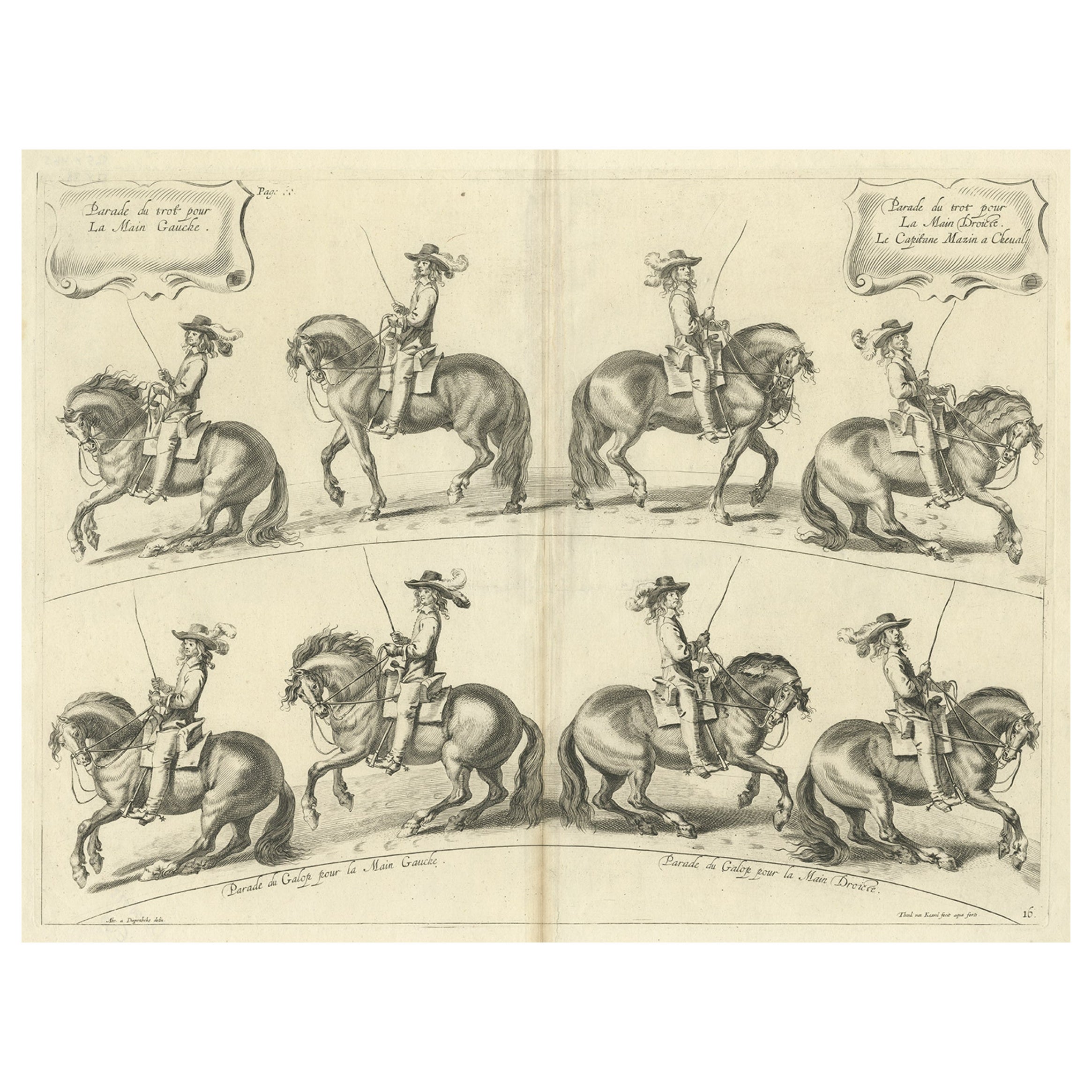 Decorative Antique Print of the Schooling of Horses in Galop, c.1740 For Sale
