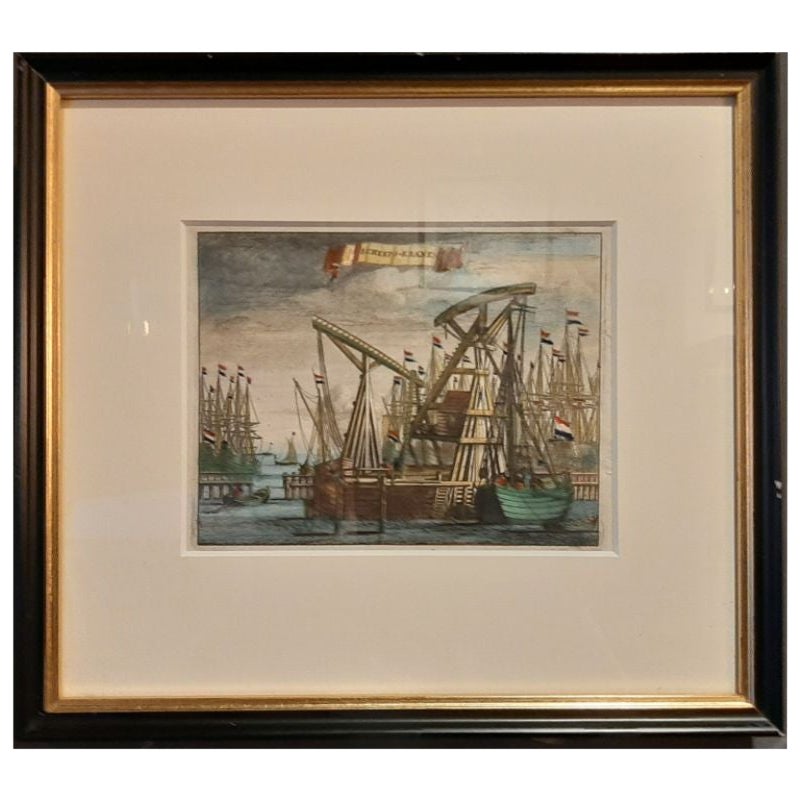 Antique Framed Print of the Ship Cranes of Amsterdam, The Netherlands, 1693 For Sale