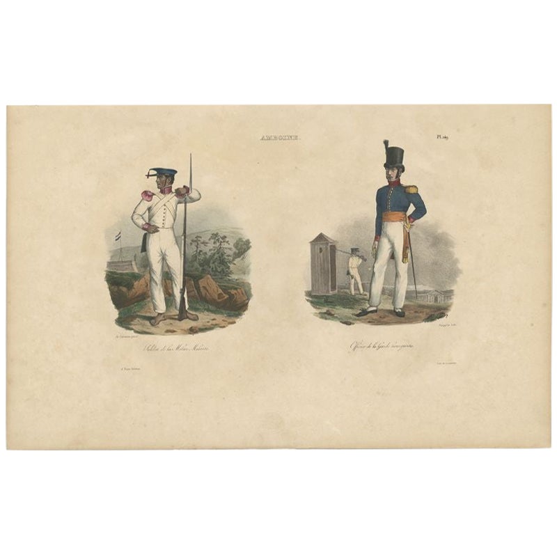 Antique Print of an Amboine Soldier and Officer, circa 1833