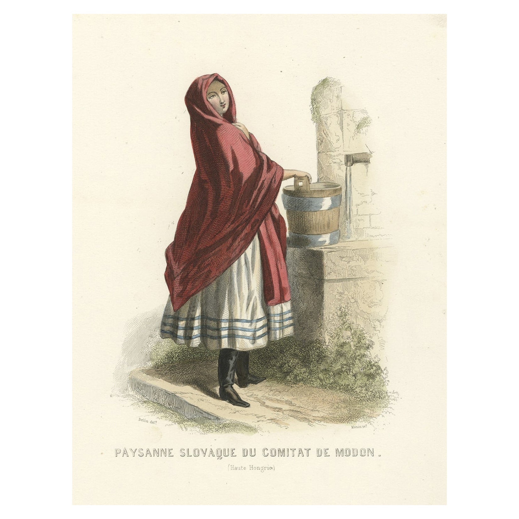 Antique Print of a Slovak Peasant Girl, 1850