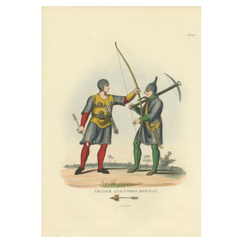Antiker Druck eines Bogenschützen und Kreuzbohrmannes, 1842