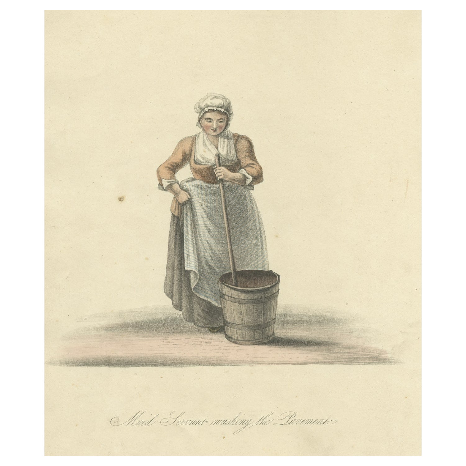 Old Hand-Colored Print of a Maid Servant in Holland, Washing the Pavement, 1817