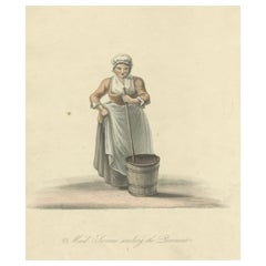 Antique Old Hand-Colored Print of a Maid Servant in Holland, Washing the Pavement, 1817