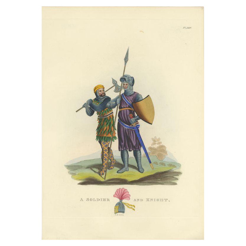 Antique Print of a Soldier and Knight, 1842 For Sale