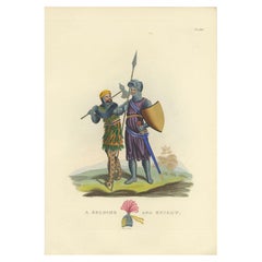 Antique Print of a Soldier and Knight, 1842